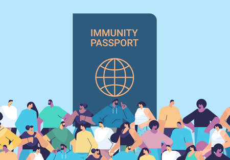 mix race people group near global immunity passport risk free covid-19 re-infection coronavirus immunity conceptのイラスト素材