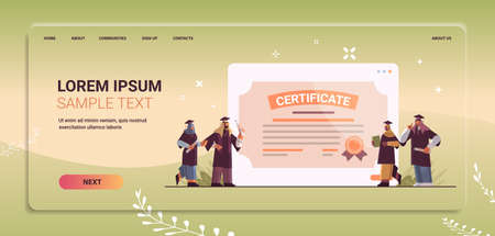 arab graduated students standing together near certificate arabic graduates celebrating academic diploma degreeのイラスト素材