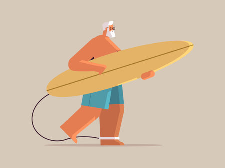 senior man with surf board aged male surfer holding surfboard summer vacation active old age conceptのイラスト素材