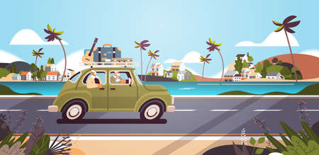 old family driving in car on weekly holiday senior travelers couple traveling by active old age conceptのイラスト素材