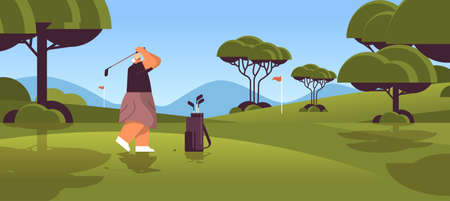 senior woman playing golf on green golf course aged player taking a shot active old age conceptのイラスト素材