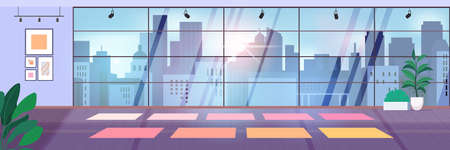 empty gym hall for fitness trainings with yoga mats fitness room with panoramic windows horizontalのイラスト素材