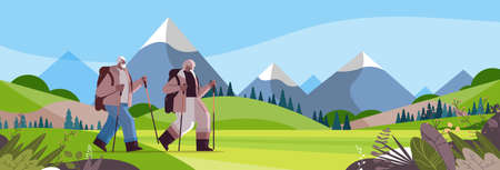 senior african american man woman hikers traveling together with backpacks active old age physical activitiesのイラスト素材