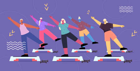 senior people group doing squats on step platform aged men women training in gym aerobic workout...