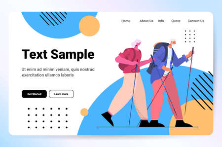 senior man woman hikers traveling together with backpacks active old age physical activities concept full lengthのイラスト素材