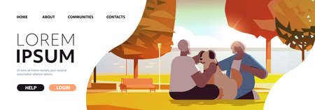 senior couple spending time with dog in urban park relaxation retirement concept full lengthのイラスト素材