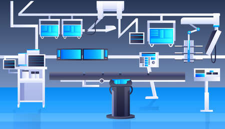 hospital operating table and medical devices modern clinic surgery room interior intensive therapy surgical proceduresのイラスト素材