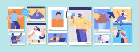 businesspeople in web browser windows discussing during video call business people team using...