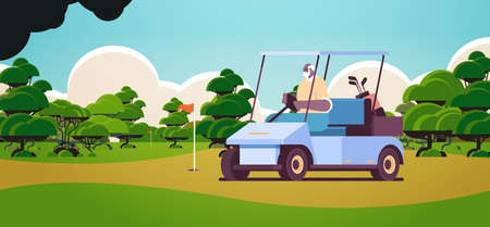 senior african american man driving buggy on golf course active old age concept horizontal landscape backgroundのイラスト素材