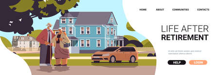 happy senior couple standing together near home building grandparents walking outdoor life after retirement old ageのイラスト素材