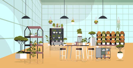 greenhouse plants potted flowers on shelves orangery or floristic store interior horizontalのイラスト素材
