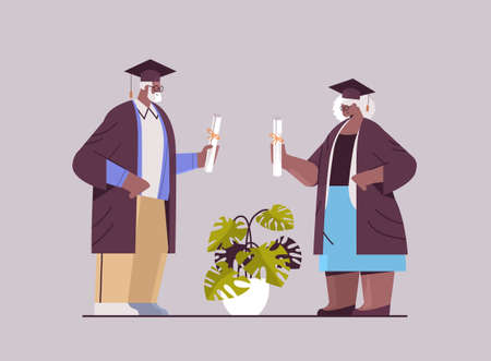 senior man woman graduated students standing together aged graduates celebrating academic diploma degreeのイラスト素材