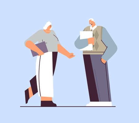 senior businesspeople discussing during meeting business man woman couple in formal wear standing together old ageのイラスト素材
