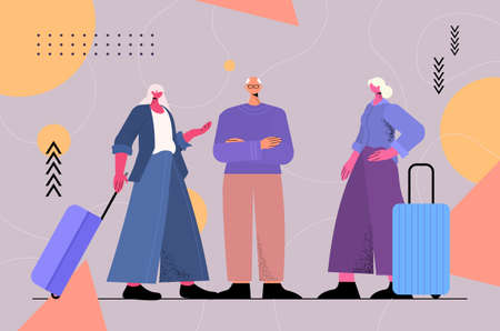 senior people with luggage discussing during meeting at airport terminal traveling active old age conceptのイラスト素材