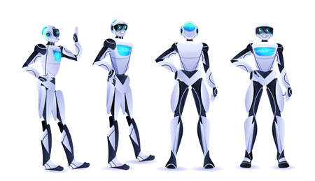 set robot standing in different poses modern robotic characters artificial intelligence technology conceptのイラスト素材