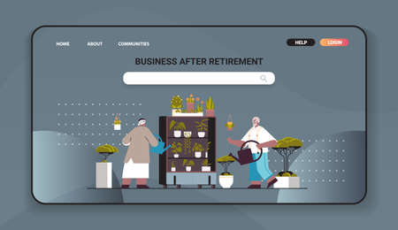 senior gardeners couple taking care of potted plants and flowers at greenhouse or home gardenのイラスト素材