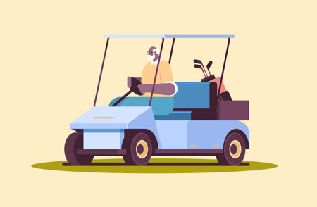 senior african american man driving buggy on golf course active old age concept horizontal full lengthのイラスト素材