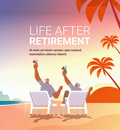 senior man woman drinking cocktails on tropical beach aged couple having fun active old age concept sunset seascape landscape background full length copy space vector illustrationのイラスト素材