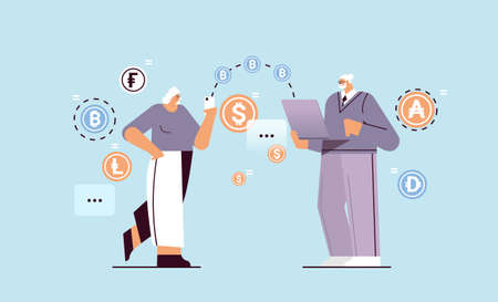 senior businesspeople sending money from smartphone to laptop online transfer internet payment...
