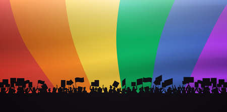 protesters crowd silhouette holding placards lgbt demonstration rainbow flag background gay lesbian love paradeのイラスト素材