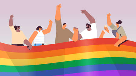 mix race people group holding lgbt rainbow flag gay lesbian love parade pride festival transgender...
