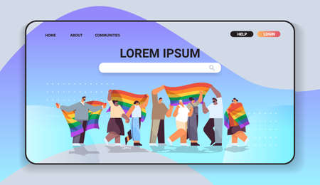 mix race people group holding lgbt rainbow flag gay lesbian love parade pride festival transgender love conceptのイラスト素材
