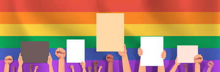 mix race hands holding empty blank boards lgbt rainbow flag background gay lesbian love parade pride...