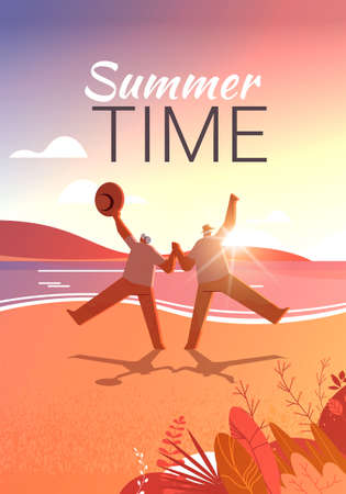 senior couple dancing old man and woman having fun active old age concept seascape sunset backgroundのイラスト素材