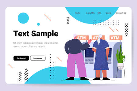 senior couple withdrawing cash in atm bank clients near terminalsのイラスト素材