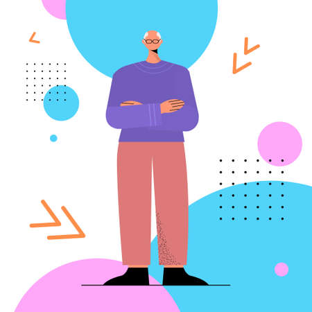 elderly man in casual trendy clothes senior male cartoon character standing pose old age conceptのイラスト素材