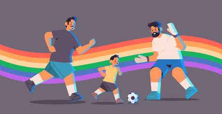 male parents playing football with little son gay family transgender love LGBT community concept