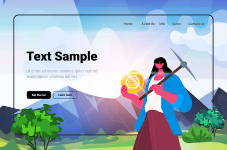 businesswoman with hammer holding virtual money coin cryptocurrency mining concept landscape backgroundのイラスト素材