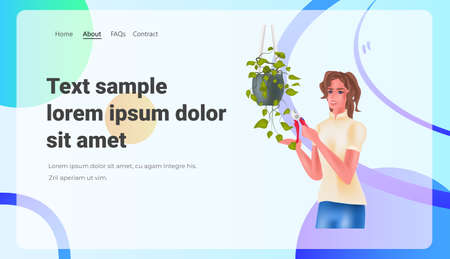 woman housewife using pruners cutting houseplants homework concept horizontalのイラスト素材