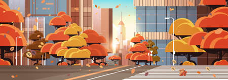 empty street road with crosswalk city buildings skyline modern architecture autumn cityscape backgroundのイラスト素材