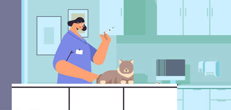 female veterinarian giving vaccine to cat at vet clinic pet vaccination concept horizontalのイラスト素材