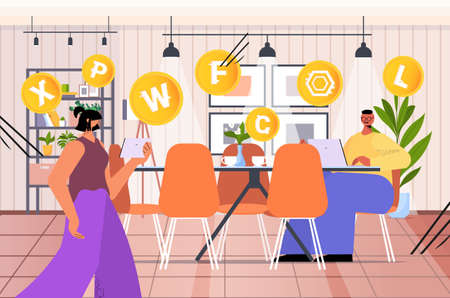 businesspeople using cryptocurrency mining app on laptops virtual money transfer application banking transactionのイラスト素材