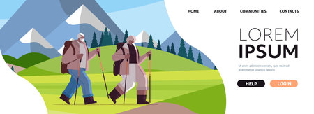 senior african american man woman hikers traveling together with backpacks active old age physical activitiesのイラスト素材