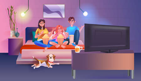 Family sitting on couch watching tv and eating popcorn happy parents and daughter spending time togetherのイラスト素材