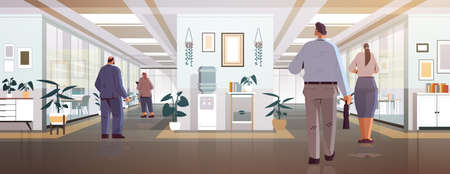 businesspeople standing back to camera rear view of business people group in office corridorのイラスト素材