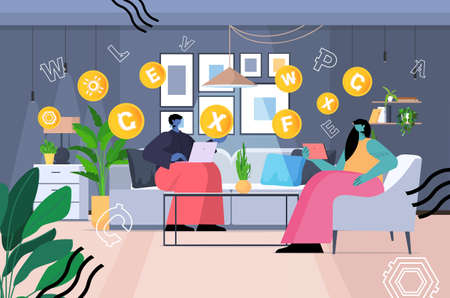 businesspeople using cryptocurrency mining app on laptops virtual money transfer application banking transactionのイラスト素材