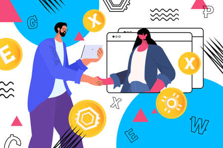 businesspeople using cryptocurrency mining application on tablet pc virtual money transfer app banking transaction digital currencyのイラスト素材