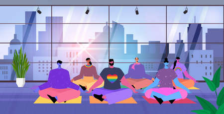 people practicing yoga exercise in lotus pose LGBT parade pride festival transgender love conceptのイラスト素材