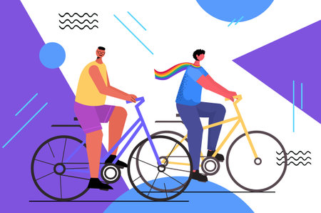 gay couple riding bicycles LGBT parade pride festival transgender love concept full lengthのイラスト素材