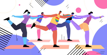 people doing stretching exercises LGBT parade pride festival transgender love concept full length horizontal vector illustrationのイラスト素材