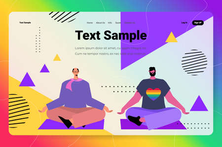 gay couple practicing yoga exercise in lotus pose LGBT parade pride festival transgender love...