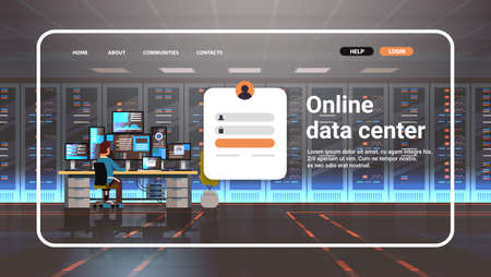 man working in online data center room website landing page template hosting server computer monitoringのイラスト素材