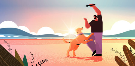 young man spending time with dog male owner and cute domestic animal having fun friendship with pet conceptのイラスト素材