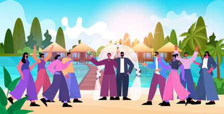 newlywed gay couple with friends standing near arch transgender love LGBT community wedding celebrationのイラスト素材