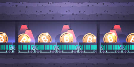 underground minecart on rails with bitcoins blockchain cryptocurrency mining concept horizontalのイラスト素材
