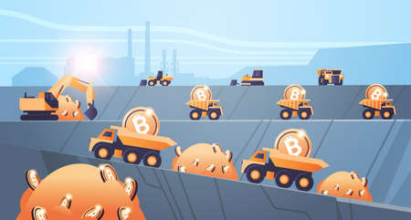 heavy trucks mining transport with bitcoins golden coin digital money production cryptocurrency...